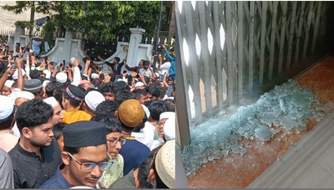 নারায়ণগঞ্জে নাসীরুদ্দীন পাটওয়ারীর আগমন: ভিড়ের চাপে কেন্দ্রীয় মসজিদের কাঁচের দরজা ভাঙচুর