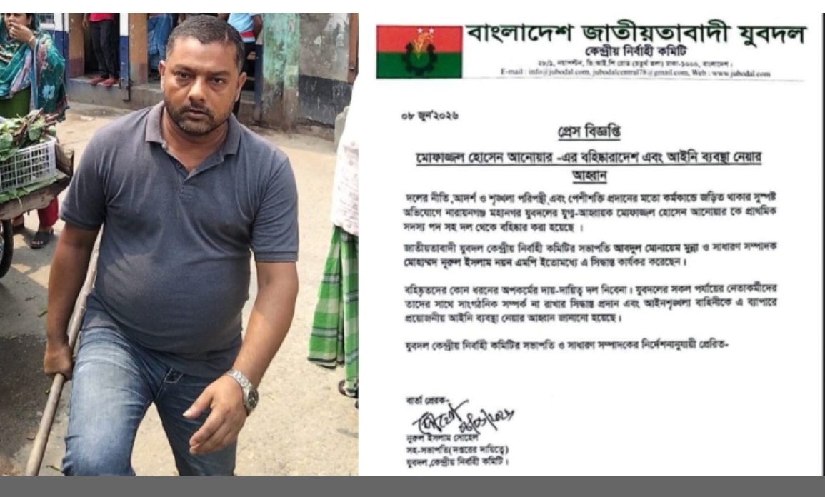 শৃঙ্খলা পরিপন্থী কর্মকাণ্ডের অভিযোগ: নারায়ণগঞ্জ মহানগর যুবদল নেতা মোফাজ্জল হোসেন আনোয়ার বহিষ্কার